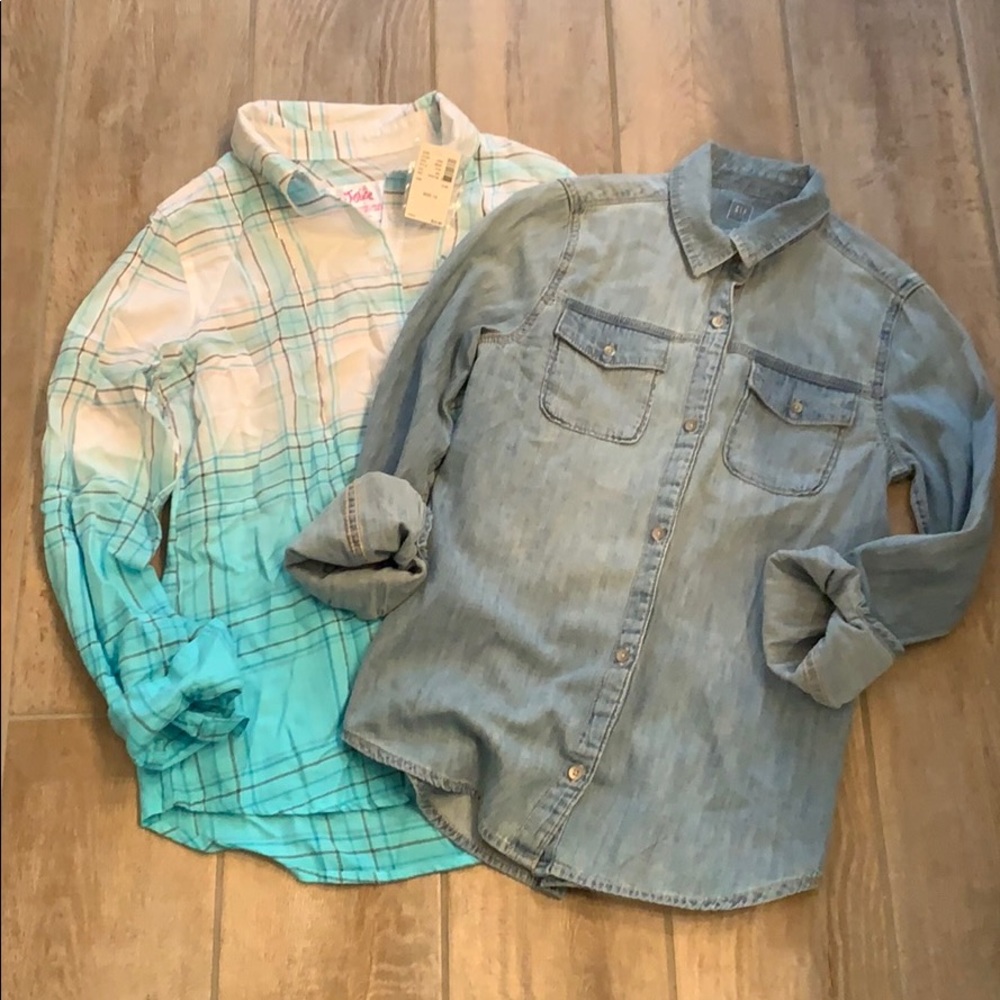 NWT bundle of 2 girls long sleeve button down shirts Justice/GAP Girls Size M 12